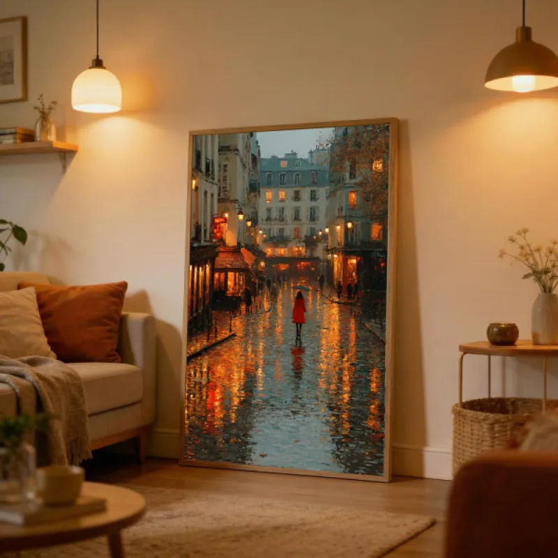Woman in red coat holding umbrella on a rain-soaked Paris street lined with glowing lanterns and lit shopfronts.
