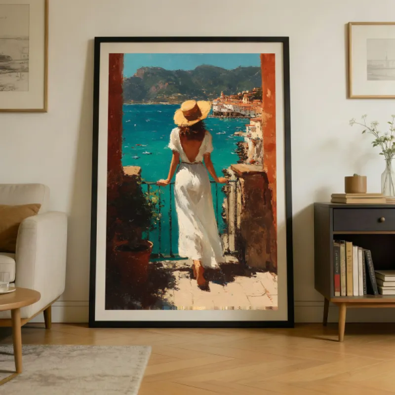 Painterly poster of a woman in a white dress and straw hat on a Mediterranean balcony overlooking a turquoise sea and coastal town.