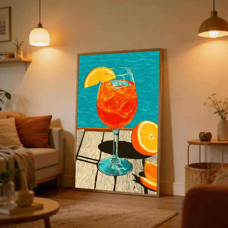 Vintage poster van een glas Aperol Spritz met ijsblokjes en sinaasappelschijfje op een houten vlonder voor turquoise water.