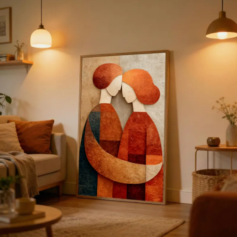 Abstracte poster van twee omarmende figuren in terracotta en oranjerood op een beige achtergrond.