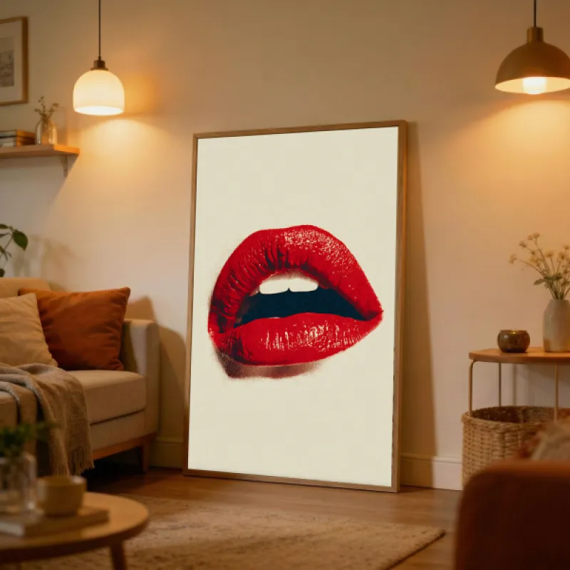 Close-up van rode lippen op een crèmekleurige achtergrond, figuratieve poster in retrostijl.
