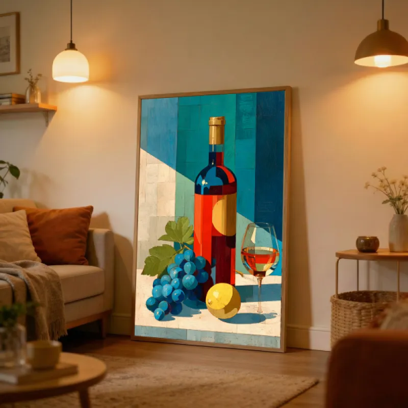 Schilderachtig stilleven met een rode wijnfles, wijnglas, blauwe druiven en citroen op een lichte ondergrond met turquoise achtergrond.