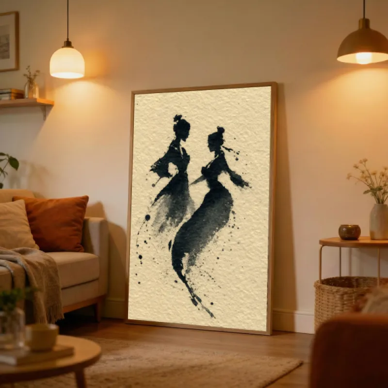 Twee vrouwelijke silhouetten in zwarte inkt op gebroken wit papier, dansend met spetters rondom.