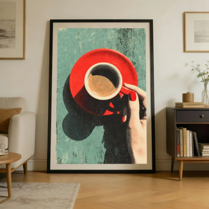 Bovenaanzicht van een rode koffiekop op schotel, vastgehouden door een vrouwenhand met rode nagels, vintage gekorrel