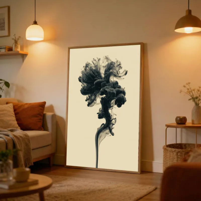 Zwarte inkt die zich als een bloem ontvouwt in water, op een warme beige achtergrond.