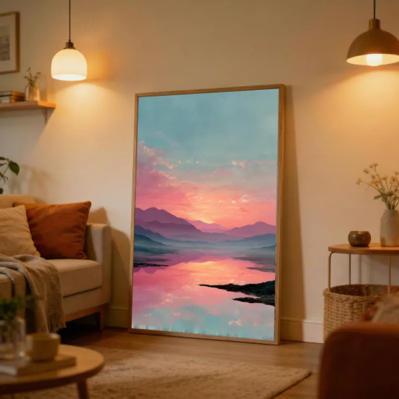Geschilderd berglandschap bij zonsondergang met roze en oranje lucht, weerspiegeld in een stil water.