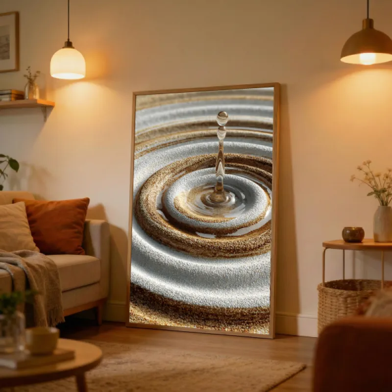 Close-up of concentric sand ripples with a single clear water droplet rising at the center.