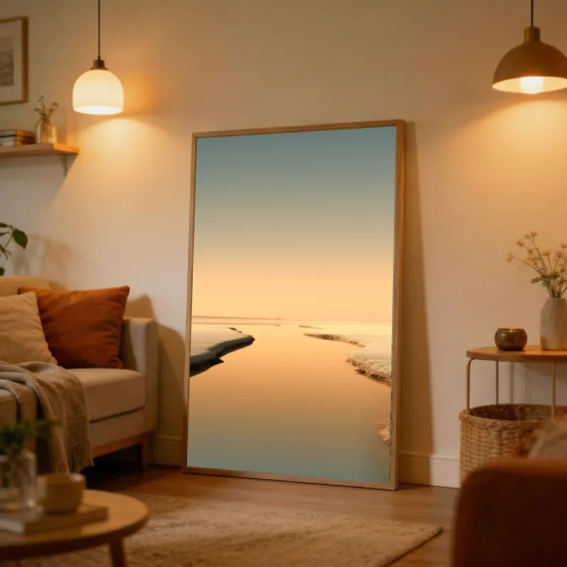 Calm tidal flat landscape at sunrise with reflective golden water and a hazy horizon.