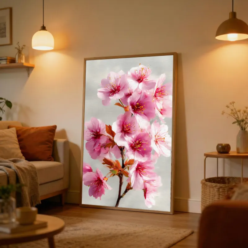 Geschilderde tak met roze kersenbloesems en oranjeroze blaadjes op een lichtgrijze achtergrond.