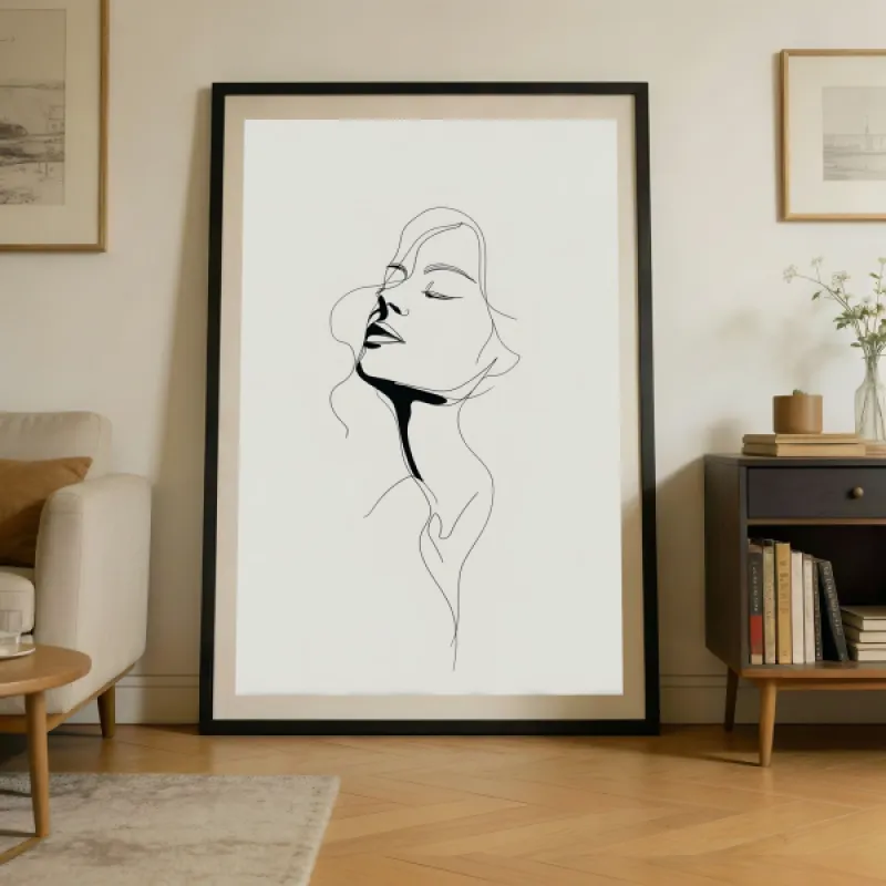 Minimalist line art of a woman with closed eyes and head tilted back, black lines on light grey background.
