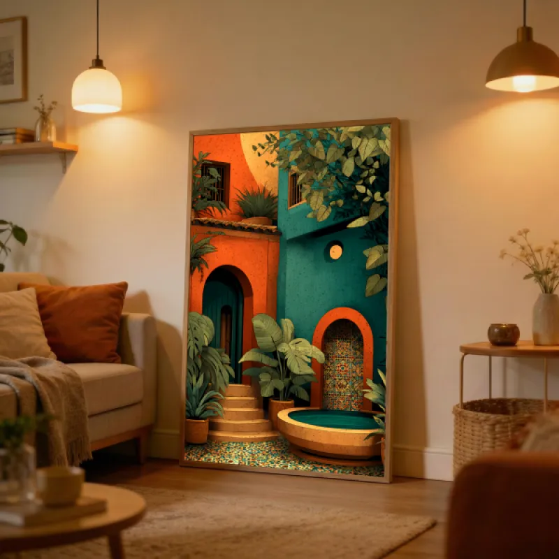 Illustratie van een mediterraans binnenplaatsje met oranje en turquoise muren, tropische planten en mozaïektegels.