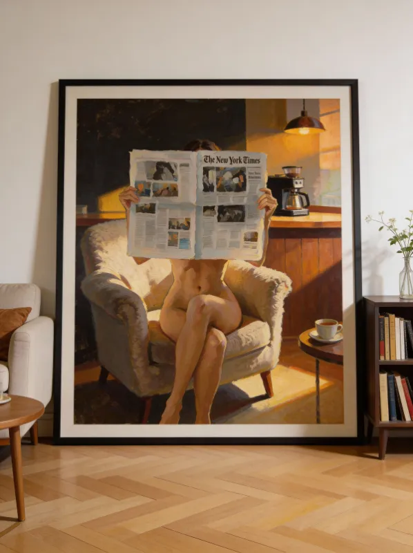 Schilderachtige poster van naakte vrouw in fauteuil met The New York Times, koffie op bijzettafel, warm ochtendlicht.