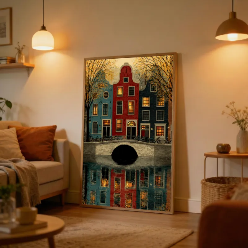 Illustratie van Amsterdamse grachtenpanden in rood, blauw en grijs met verlichte ramen, fietsen op een brug en gouden herfstbomen.