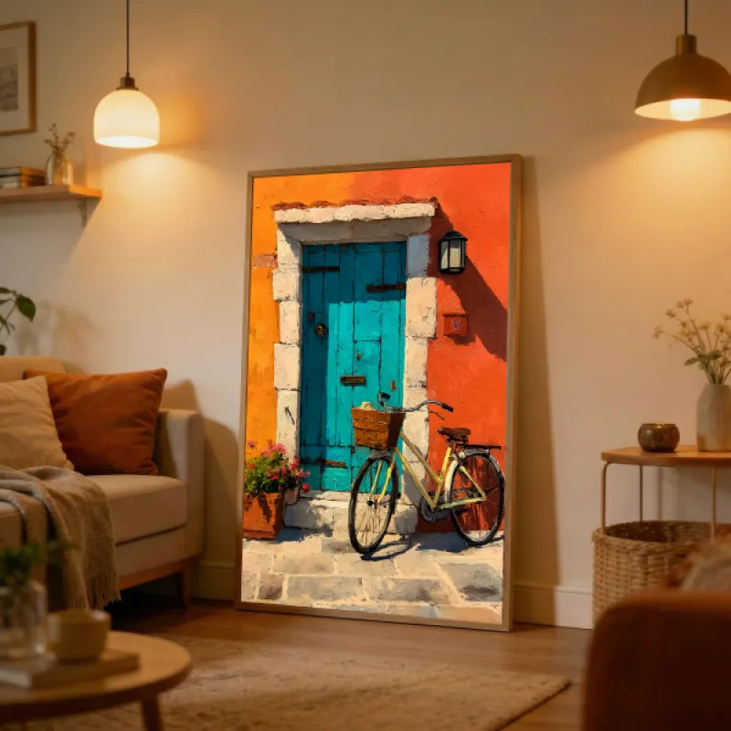 Schilderachtig mediterraan straatje met turquoise deur, oranje muur, vintage fiets en bloemen in terracotta pot.