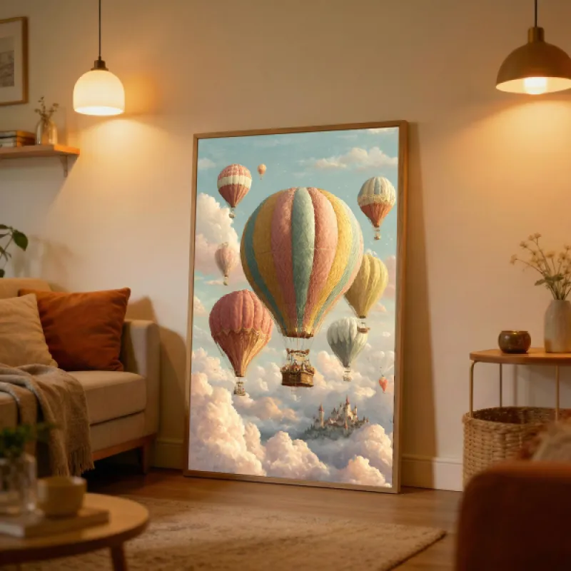 Meerdere kleurrijke luchtballonnen vliegen boven roze wolken met een fantasiekasteel op de achtergrond.