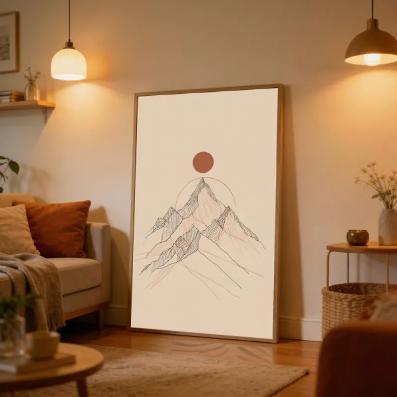Minimalist line drawing of mountains with a terracotta sun and circle shape on a warm beige background.