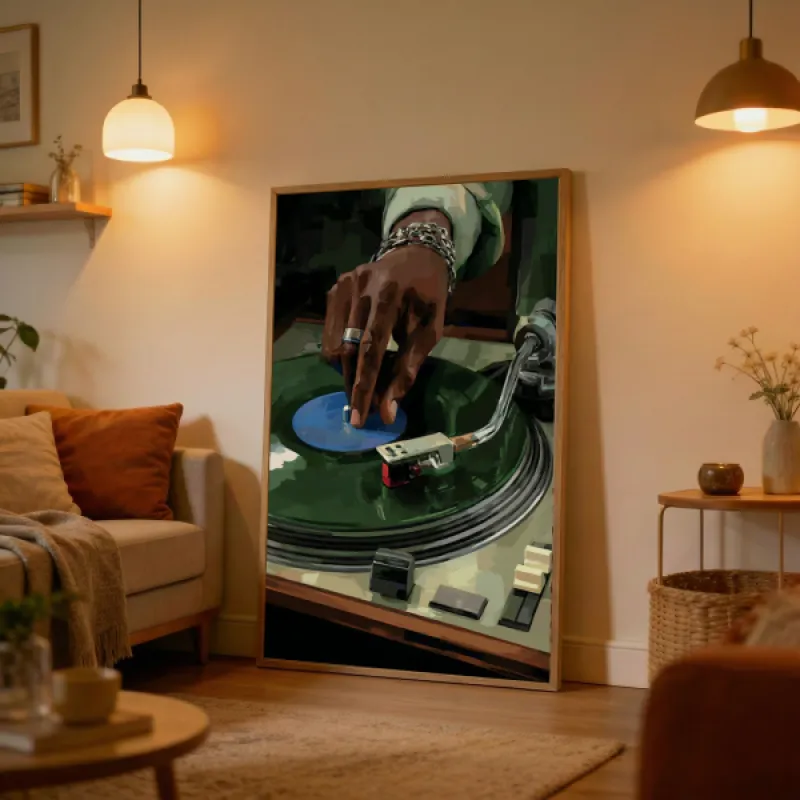 Close-up illustration of a hand with ring and chain bracelet cueing a green vinyl record on a turntable.