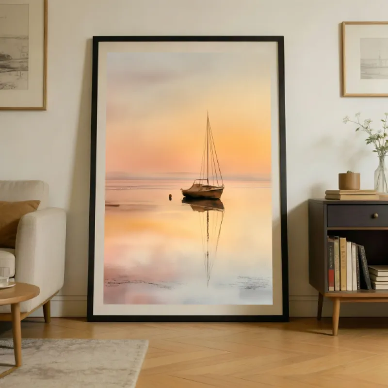 Sailboat on mirror-calm water at sunrise with soft golden and blush tones in the sky.