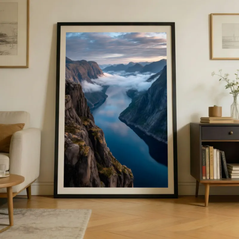 Luchtfoto van een Noors fjord met steile rotswanden, mistige wolken boven het water en een zachte zonsopgang.