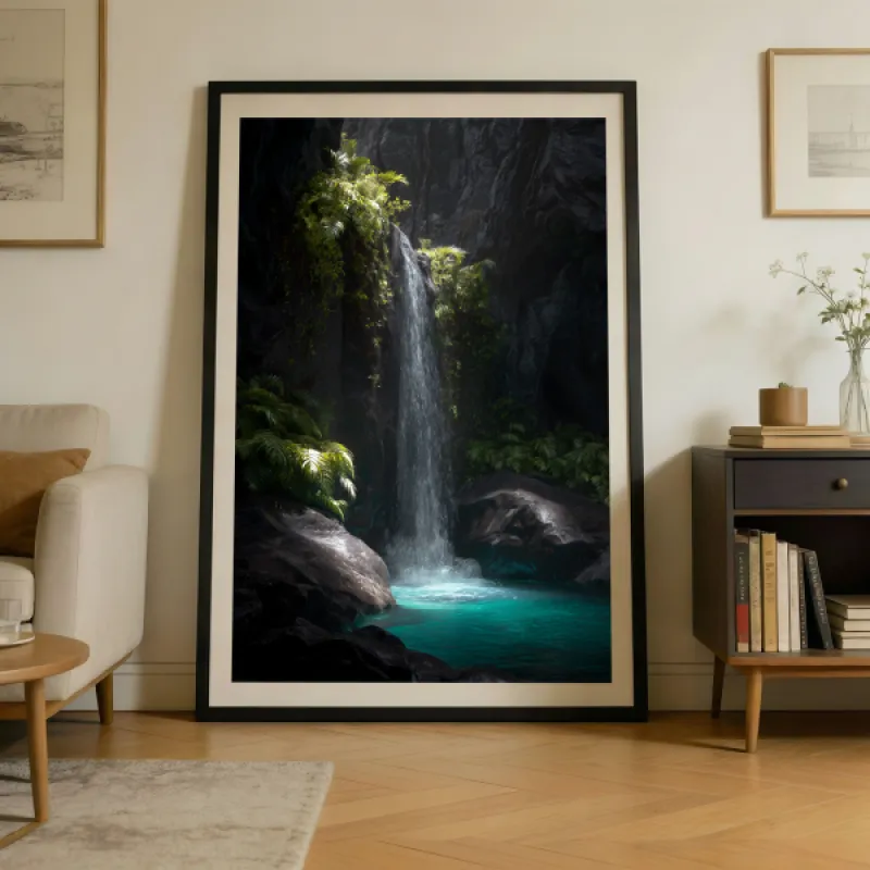 Waterfall cascading into a glowing turquoise pool, surrounded by dark rock walls and lush tropical ferns and palms.