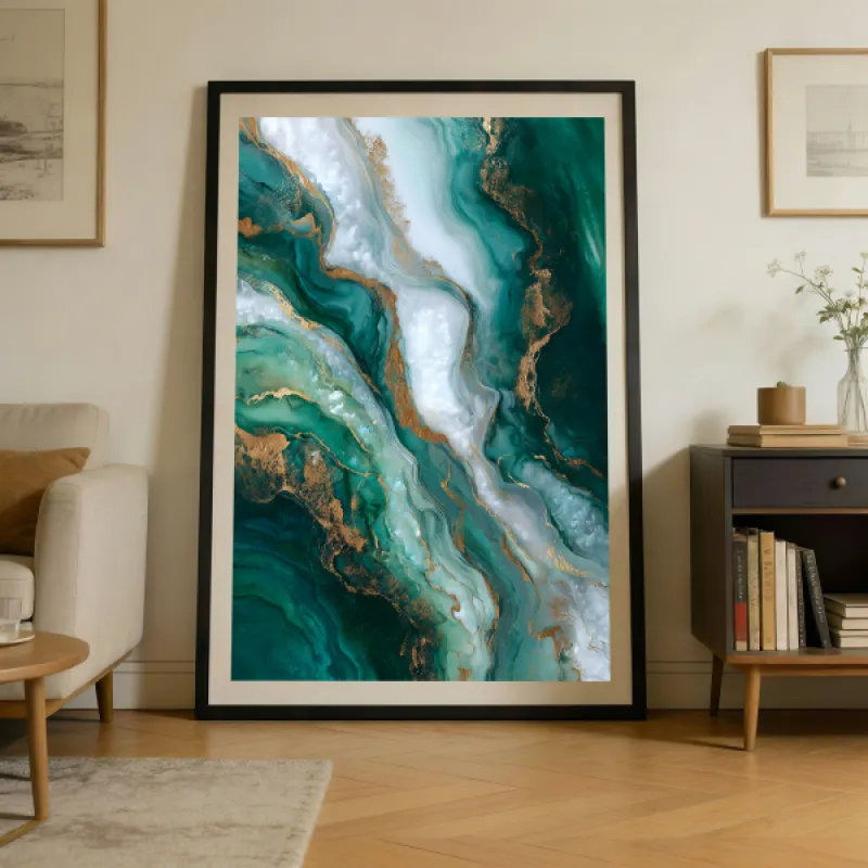 Abstract marble pattern in emerald green, white and gold with flowing layers and gold veining.