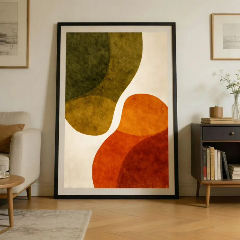 Abstracte poster met overlappende organische vormen in olijfgroen, oker en terracotta op een crème achtergrond.