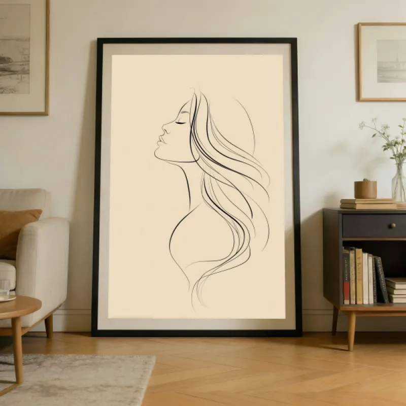 Minimalistische line art tekening van een vrouw in profiel met gesloten ogen en golvend haar op een warme beige achtergrond.
