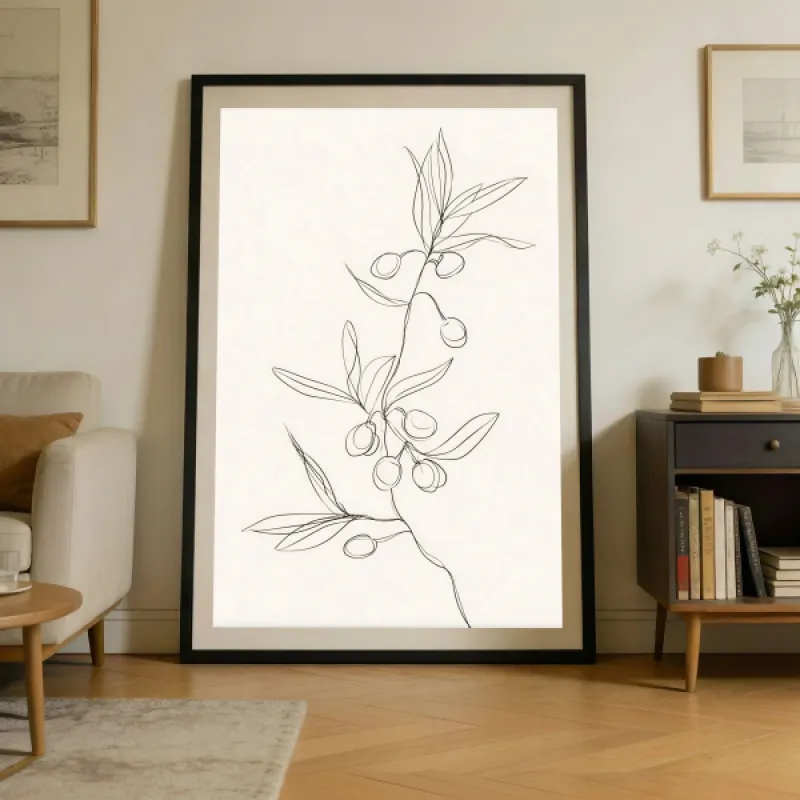 Minimalistische lijntekening van een olijftak met bladeren en olijven op een gebroken witte achtergrond.