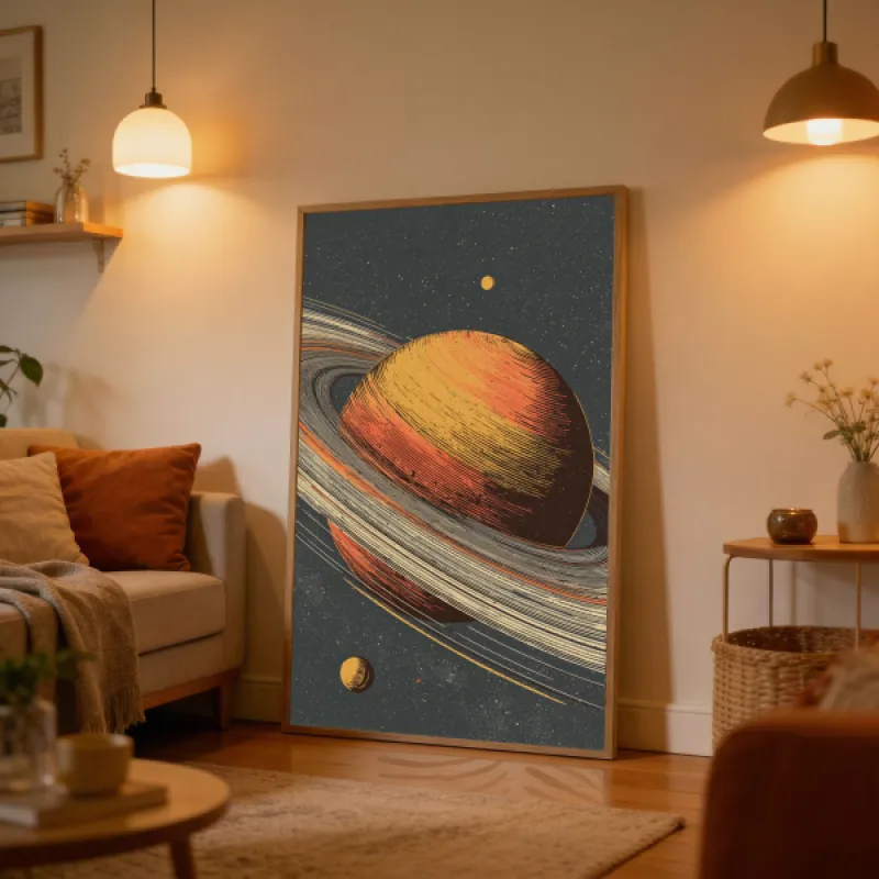 Retro illustratie van Saturnus met ringen in oranje en geelbruine tinten op een donkergrijze sterrenhemel.