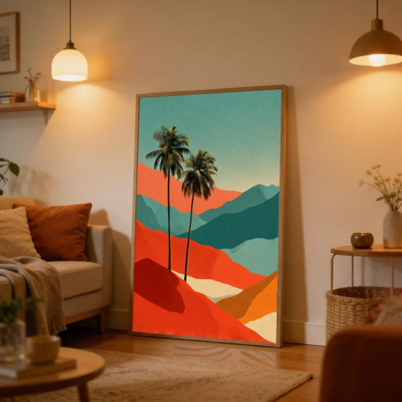 Twee palmbomen voor gestileerde bergen in terracotta, teal en oranje in retro vintage stijl.