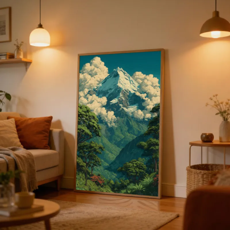 Geïllustreerd berglandschap met besneeuwde top, weelderig groen woud en dramatische wolken in teal en crème tinten.