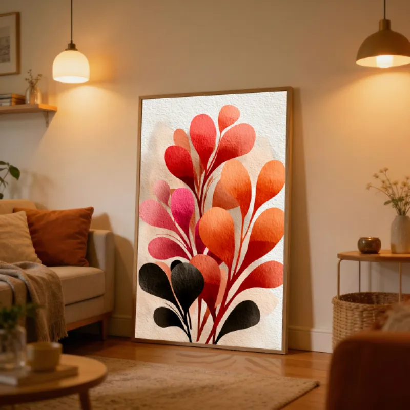 Abstract botanical illustration with rounded leaves in orange, red, pink and black on a cream background.