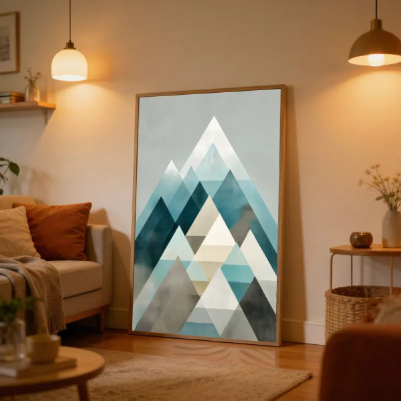 Abstracte geometrische bergvorm opgebouwd uit driehoeken in tinten blauw, grijs en beige op grijze achtergrond.