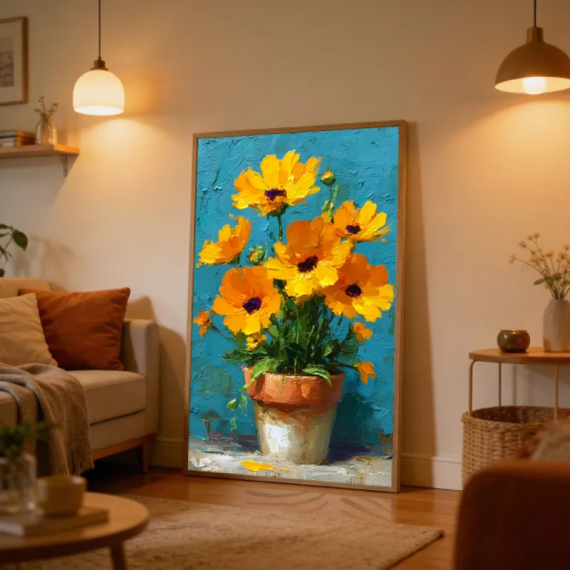 Schilderij van gele en oranje bloemen in een terracotta pot tegen een turquoise achtergrond, olieverf stijl.