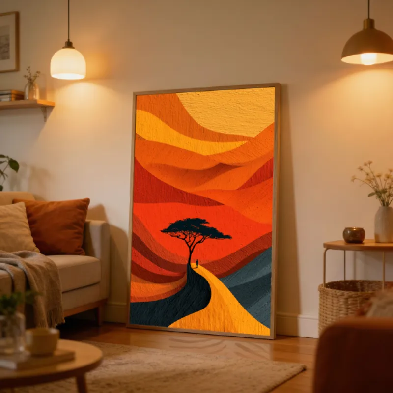 Grafische poster met silhouet van een acacia en een klein mensenfiguur op een slingerende weg, omgeven door golvende oranje en rode landschapslagen.