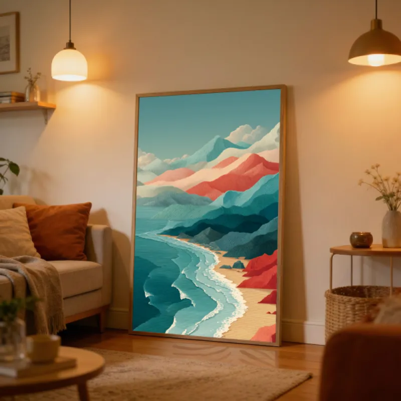 Geïllustreerd kustlandschap met golvende bergen in rood, roze en blauwgroen boven een zandstrand met zachte golven.
