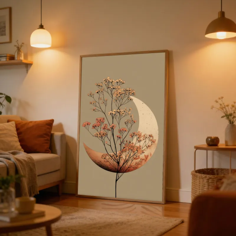 Illustration of delicate wildflowers in front of a crescent moon in warm earth tones on a taupe background.