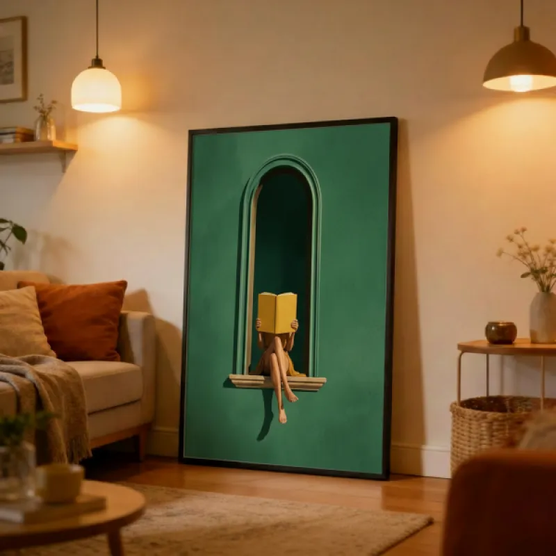Woman in yellow dress sitting on a window ledge in a green arched niche, face hidden behind a yellow book.