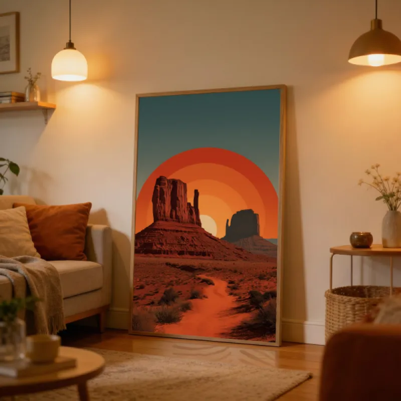 Vintage-stijl poster van Monument Valley met rode rotsformaties en een grote oranje zon tegen een blauwgroene lucht.
