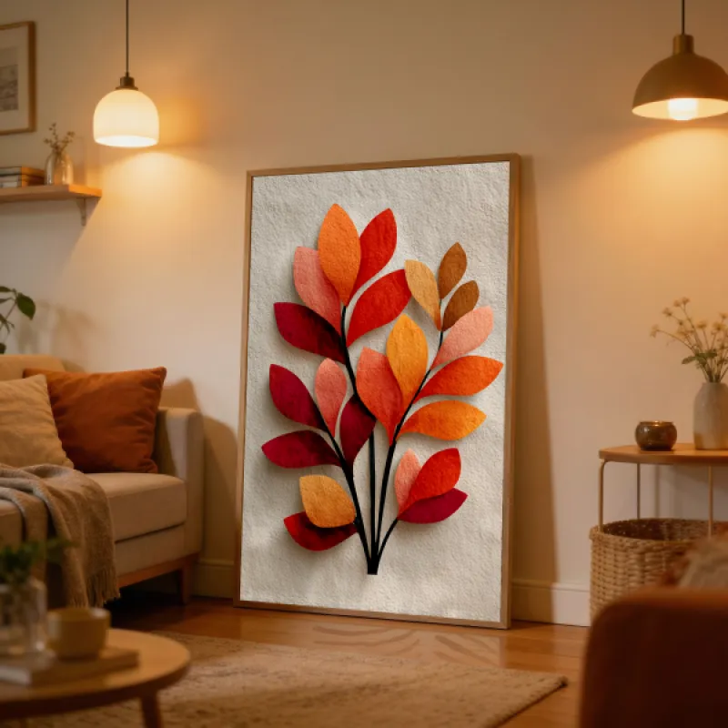 Illustration of leafy branches with overlapping leaves in shades of red, orange, and blush on a beige background.