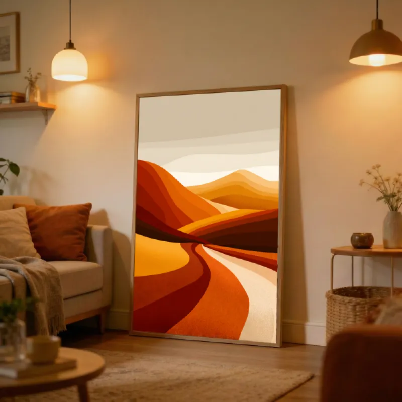 Abstract desert landscape with layered rolling dunes in terracotta, burnt orange, and golden tones.