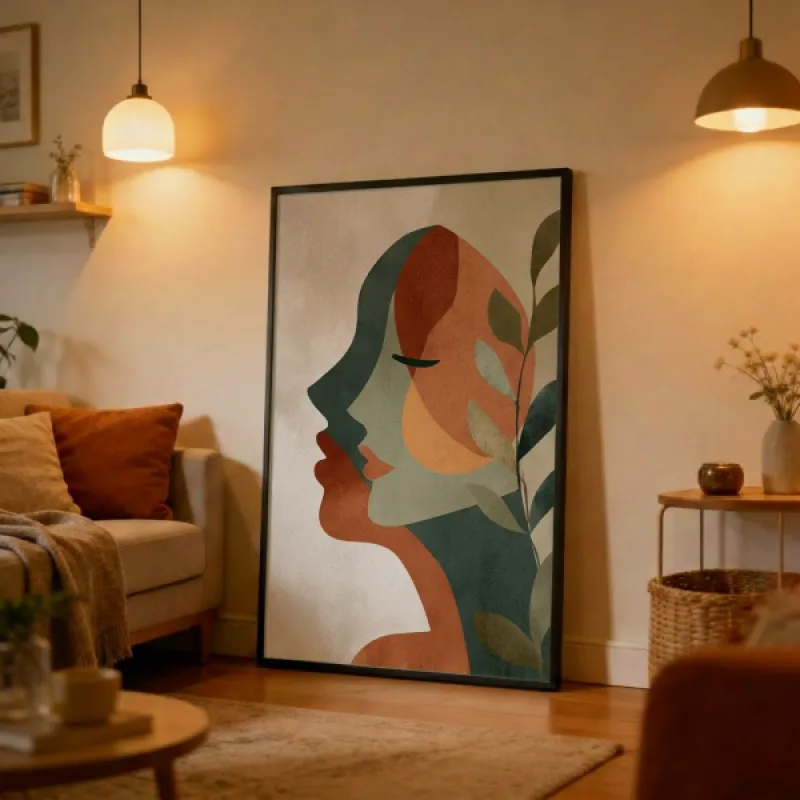 Abstracte illustratie van twee vrouwenprofielen in terracotta en dennengroen, omgeven door bladeren op een beige achtergrond.