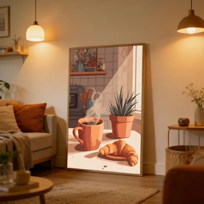 Illustratie van een dampende koffiekop en croissant op een keukenblad, met een vetplant en een keukenplank op de achtergrond.