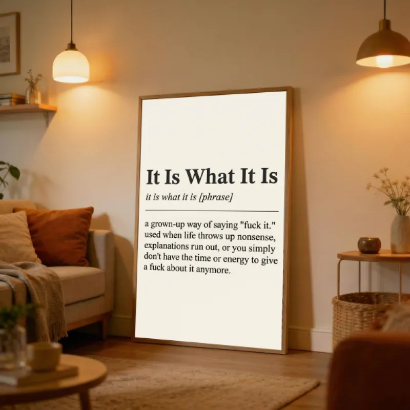 Minimalistische poster met de tekst 'It Is What It Is' en een grappige woordenboekdefinitie op een gebroken witte achtergrond.