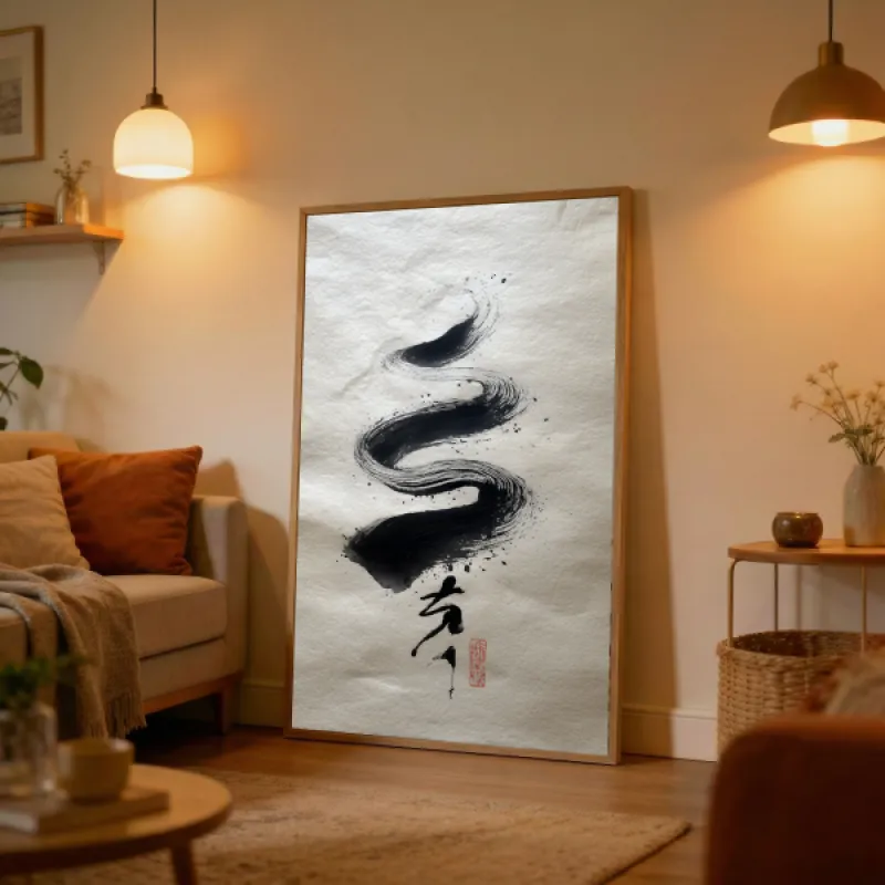 Abstract East Asian calligraphy in black ink on off-white paper with a small red seal stamp.