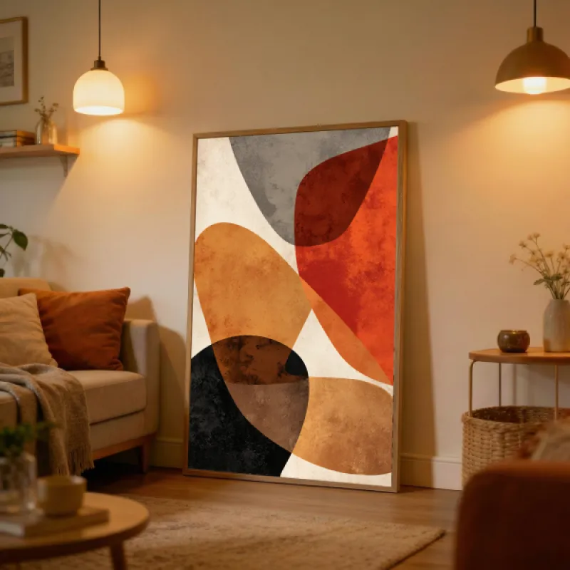 Abstracte poster met overlappende organische vormen in terracotta, okergoud, grijs en zwart op een crème achtergrond.