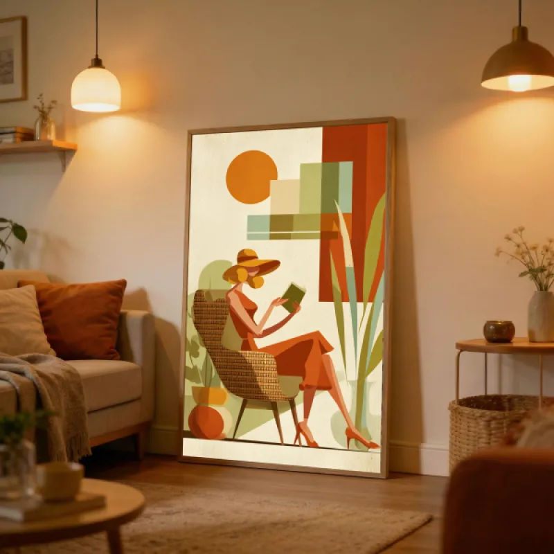 Illustration of a woman in an orange dress and wide-brim hat, reading in a wicker chair, surrounded by plants and geometric shapes.