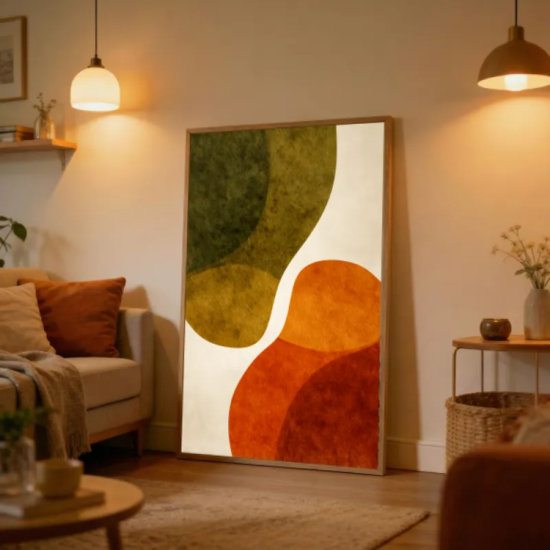 Abstract poster with overlapping organic shapes in olive green, ochre and terracotta on a cream background.
