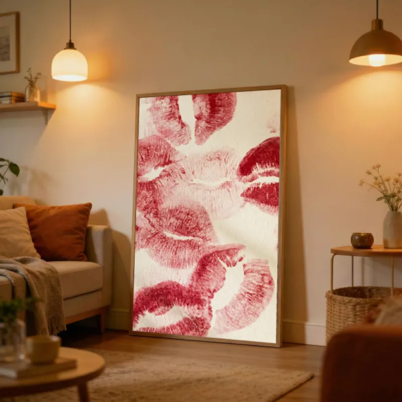 Meerdere lippenstiftafdrukken in tinten rood en roze op een crèmekleurige achtergrond.