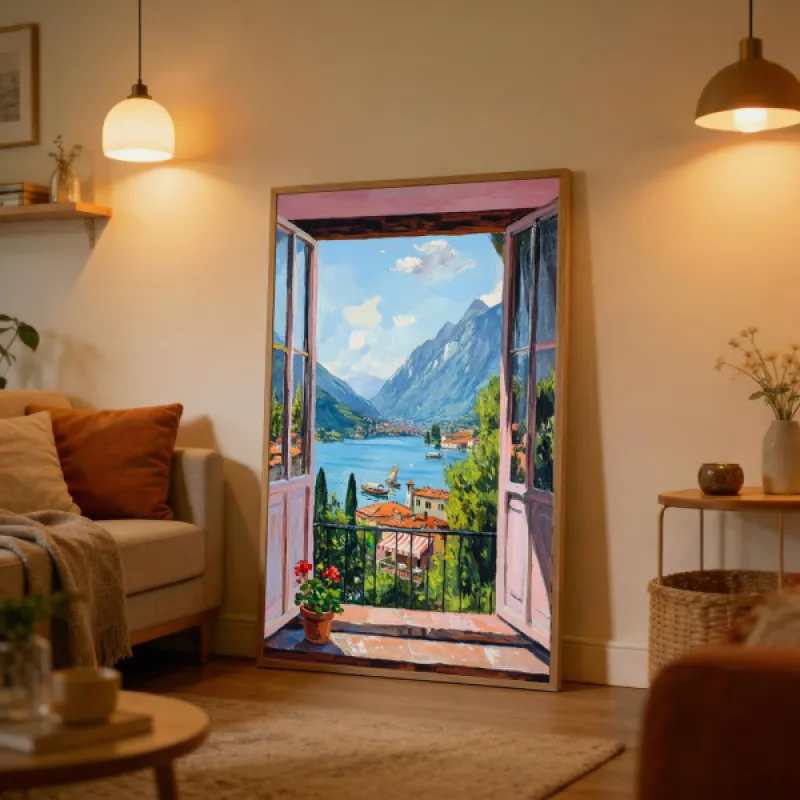 Schilderij van uitzicht door openstaande raamluiken op Italiaans meer met bergen, zeilboot en terracotta daken.
